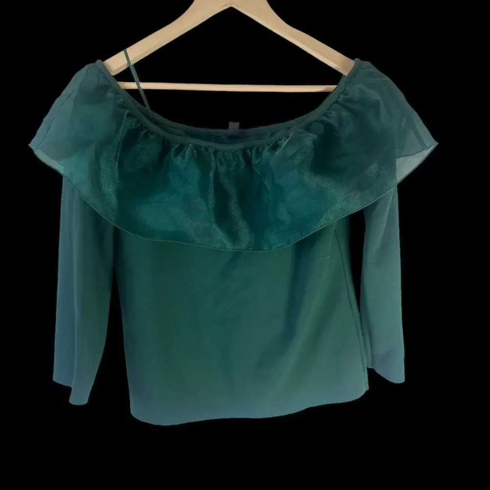 J.‎ Crew Deep Emerald Off Shoulder Organza Ruffle Top Sz L